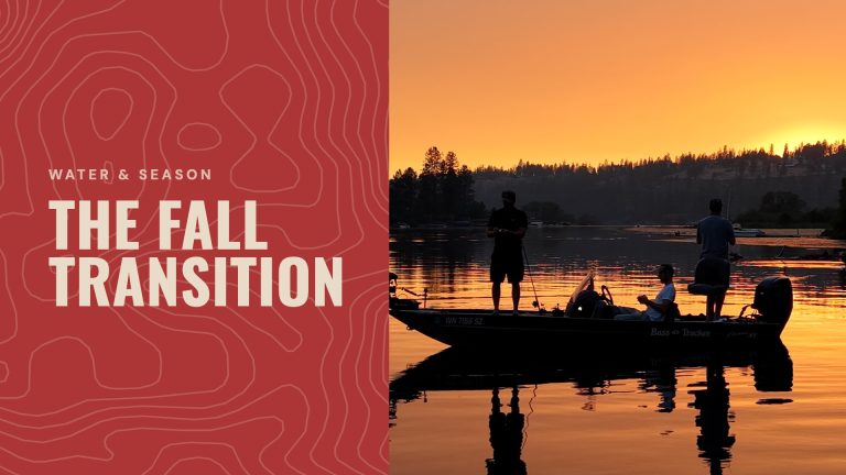 Cover reading "The fall transition" beside anglers in a boat on a lake at sunset
